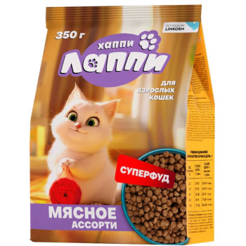 Корм Хаппи Лаппи 350г мясное ассорти для взрослых кошек