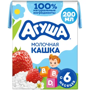 Каша Агуша укрепляйк молочно-рисовая с яблоком, земляникой и клубникой 2,7% БЗМЖ, 200мл