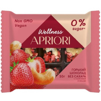Шоколадная плитка Apriori Wellness горькая без сахара с кешью и клубникой, 50г