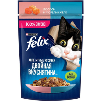 Влажный корм Felix для кошек двойная вкуснятина с лососем и форелью в желе, 75г