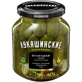 Огурчики мини маринованные Лукашинские Пикантные сладко-пряные, 340г
