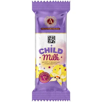 Десерт творожный A.Ростагрокомплекс Child Milk с ванилью и бисквитом в молочном шоколаде, 40г