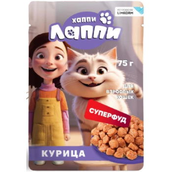 Влажный корм Хаппи Лаппи для кошек кусочки в соусе с курицей, 75г