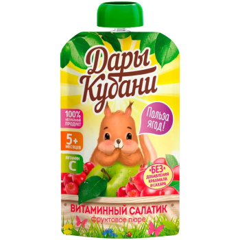 Пюре фруктовое Дары Кубани 90мл из яблок шиповника клюквы дой-пак