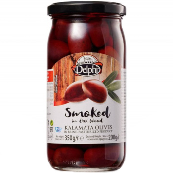 Оливки Delphi с косточкой копченые в рассоле, 350г