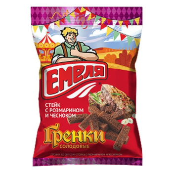 Гренки ржано-пшеничные солодовые Емеля со вкусом стейка с розмарином и чесноком, 60г