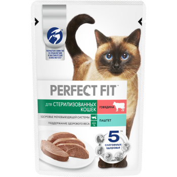 Влажный корм Perfect Fit паштет с говядиной для стерилизованных для кошек, 75г