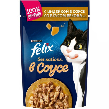 Влажный корм Felix Sensations с индейкой в соусе со вкусом бекона, 75г