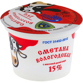 Сметана Вологодская Северное молоко 15% БЗМЖ, 200г