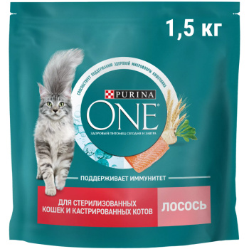Сухой корм Purina ONE для кошек стерилизованных лосось пшеница тунец, 1,5кг