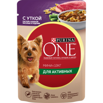 Влажный корм Purina One для собак мелких пород с уткой, пастой, зеленой фасолью в подливе, 85г