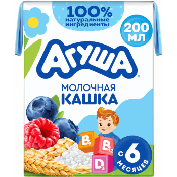 Каша Агуша укрепляйка молочно-злаковая с яблоком, малиной и черникой 2,7% БЗМЖ, 200мл