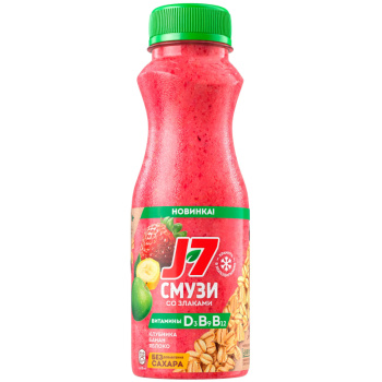 Продукт питьевой J7 Смузи со злаками клубника-яблоко-банан-черноплодная рябина без сахара, 300мл