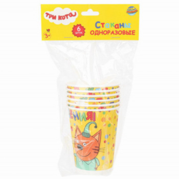 Стаканчики ТРИ КОТА стаканы бумажные, 6 штук, ЧУДО ПРАЗДНИК 