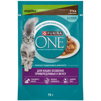 Влажный корм Purina ONE для кошек привередливых к вкусу, индейка и утка с морковью, 75г
