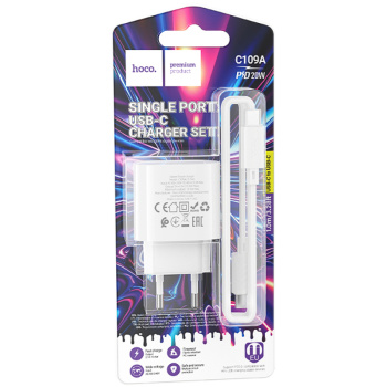 Сетевое зарядное устройство с кабелем hoco модель C109A USB-С, 20Вт