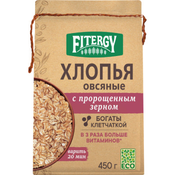 Хлопья Fitergy овсяные цельнозерновые пророщенное зерно, 450г