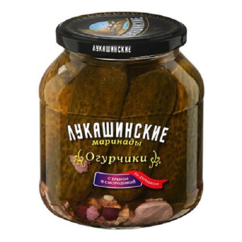 Огурчики Лукашинские марин по-деревенски с хреном и смородиной, 670г 