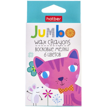 Мелки восковые Hatbe Котенок круг корпус JUMBO в картонной коробке 6 цветов