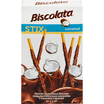 Палочки бисквитные Biscolata в молочном шоколаде с кокосовой стружкой, 32г 
