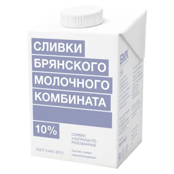 Сливки Брянский МК ультрапастеризованные 10% БЗМЖ, 0,5л 