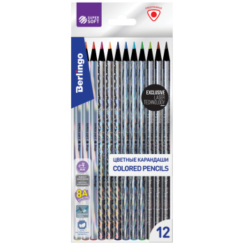 Карандаши цветные 12 цветов Berlingo SuperSoft Starlight трехгранные черное дерево, лазерная пленка