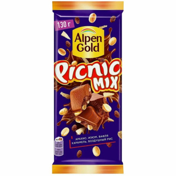 Шоколад Alpen Gold Picnic MIX молочный, арахис, изюм, воздушный рис и вафельная крошка, 130г